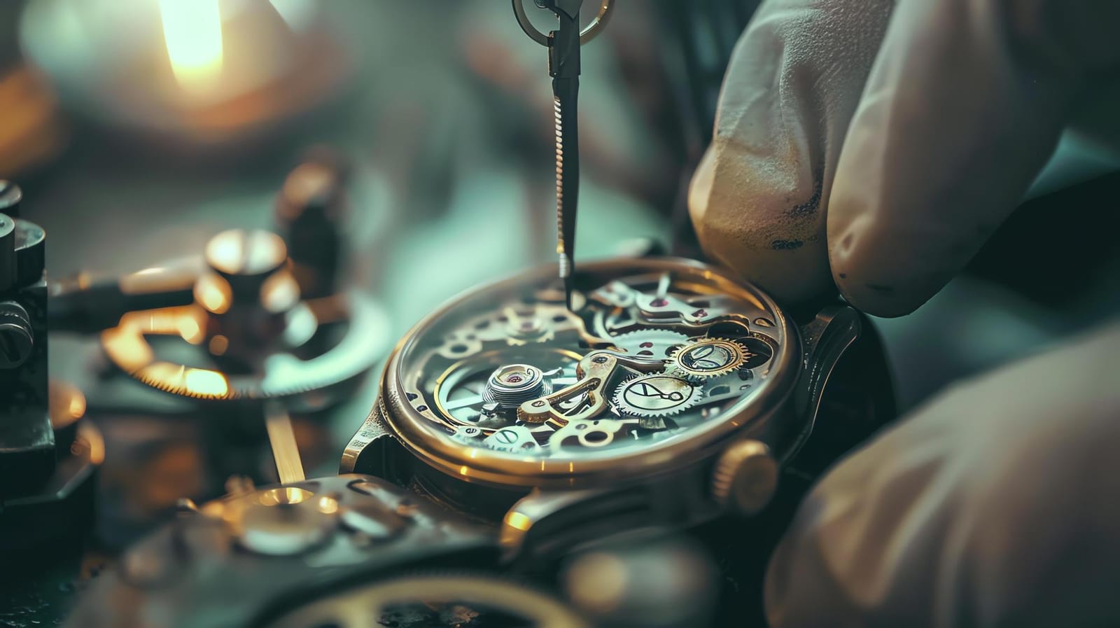 Orologiaio al banco che ripara un movimento con cacciavite di precisione, ruote scoperte