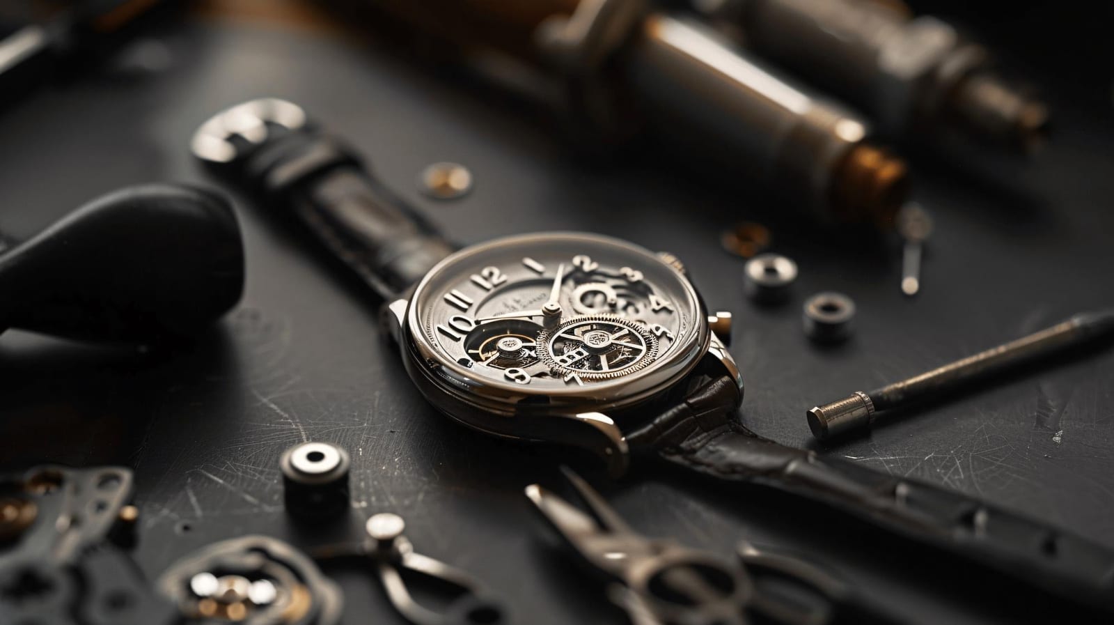 Mani di un orologiaio al lavoro su un movimento dorato con pinzetta